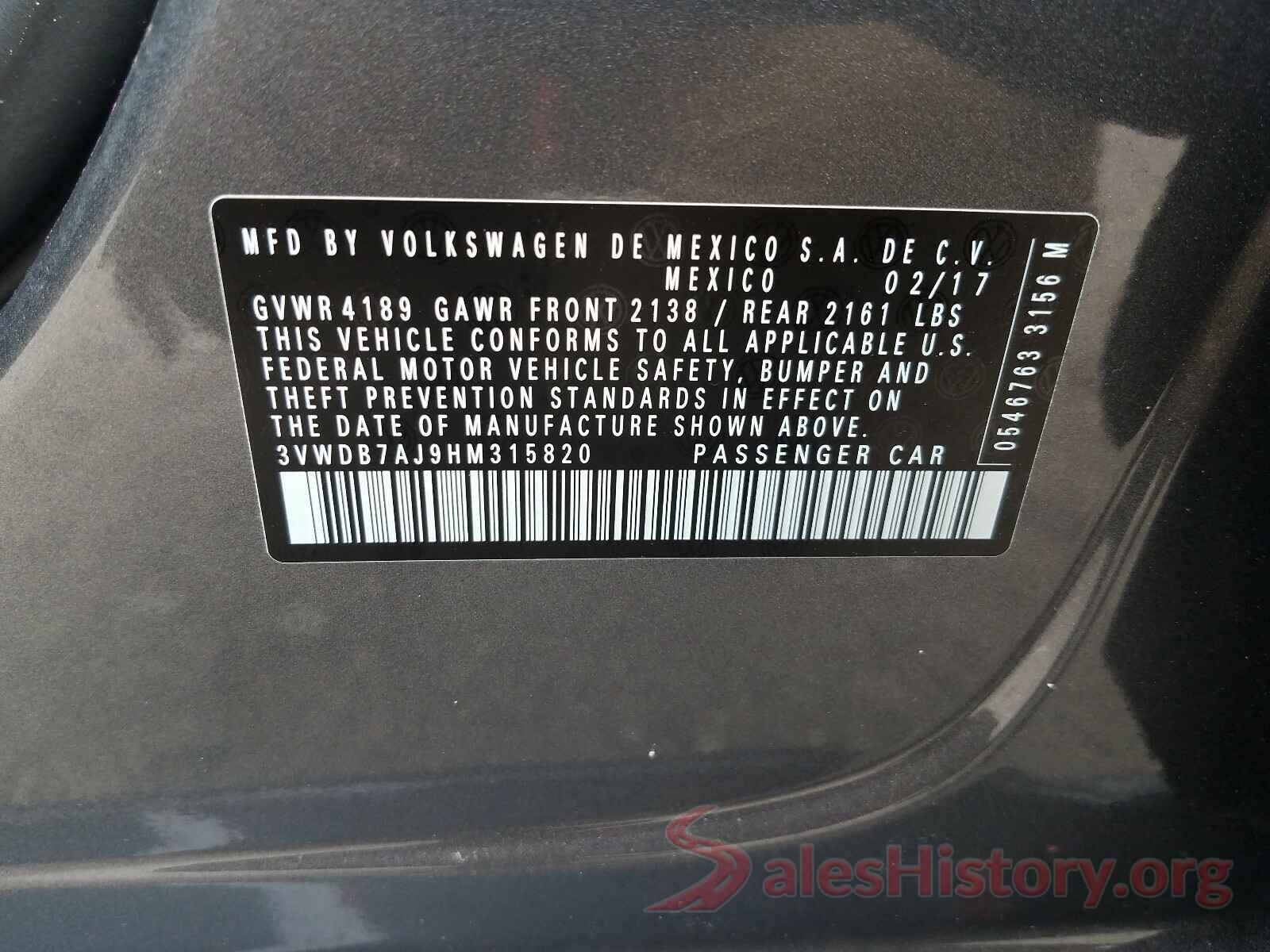 3VWDB7AJ9HM315820 2017 VOLKSWAGEN JETTA