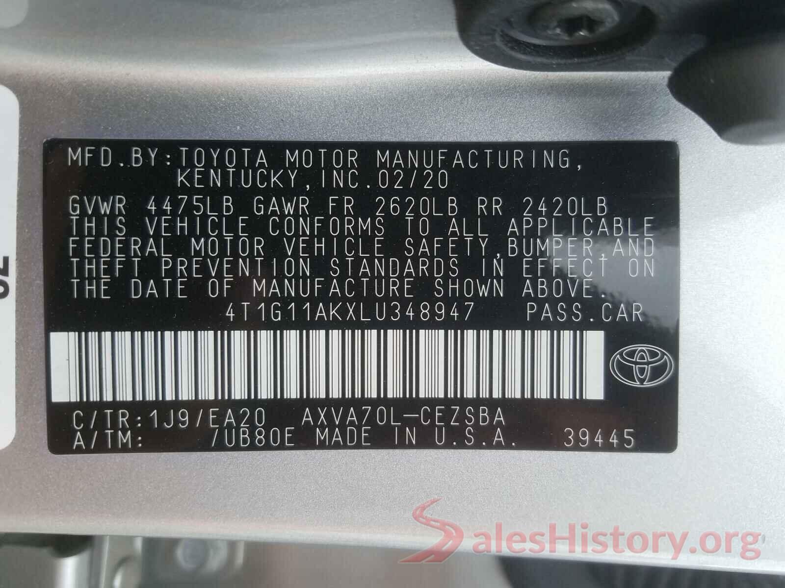 4T1G11AKXLU348947 2020 TOYOTA CAMRY