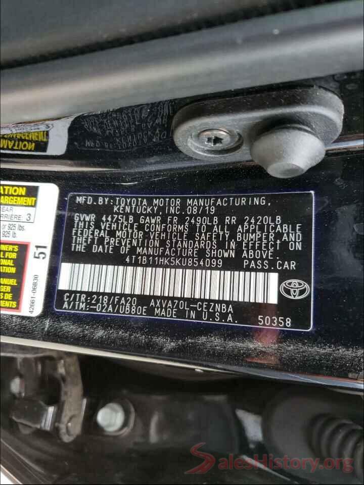 4T1B11HK5KU854099 2019 TOYOTA CAMRY