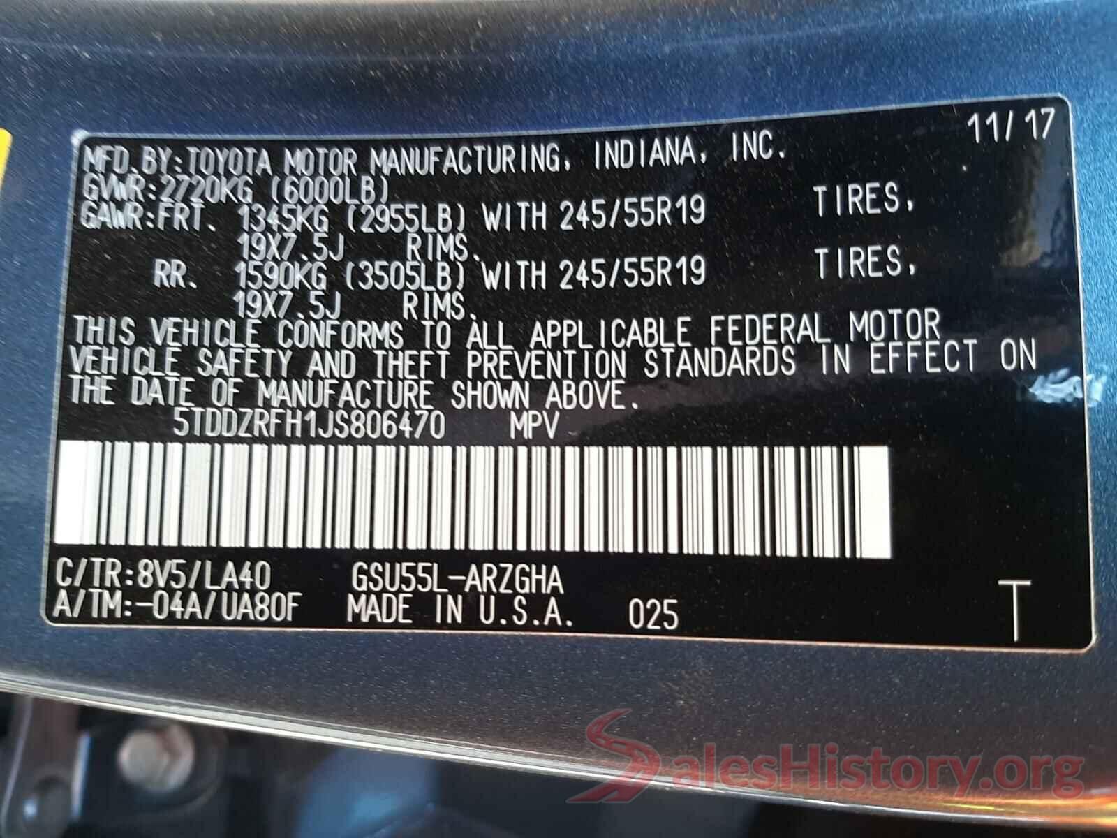 5TDDZRFH1JS806470 2018 TOYOTA HIGHLANDER