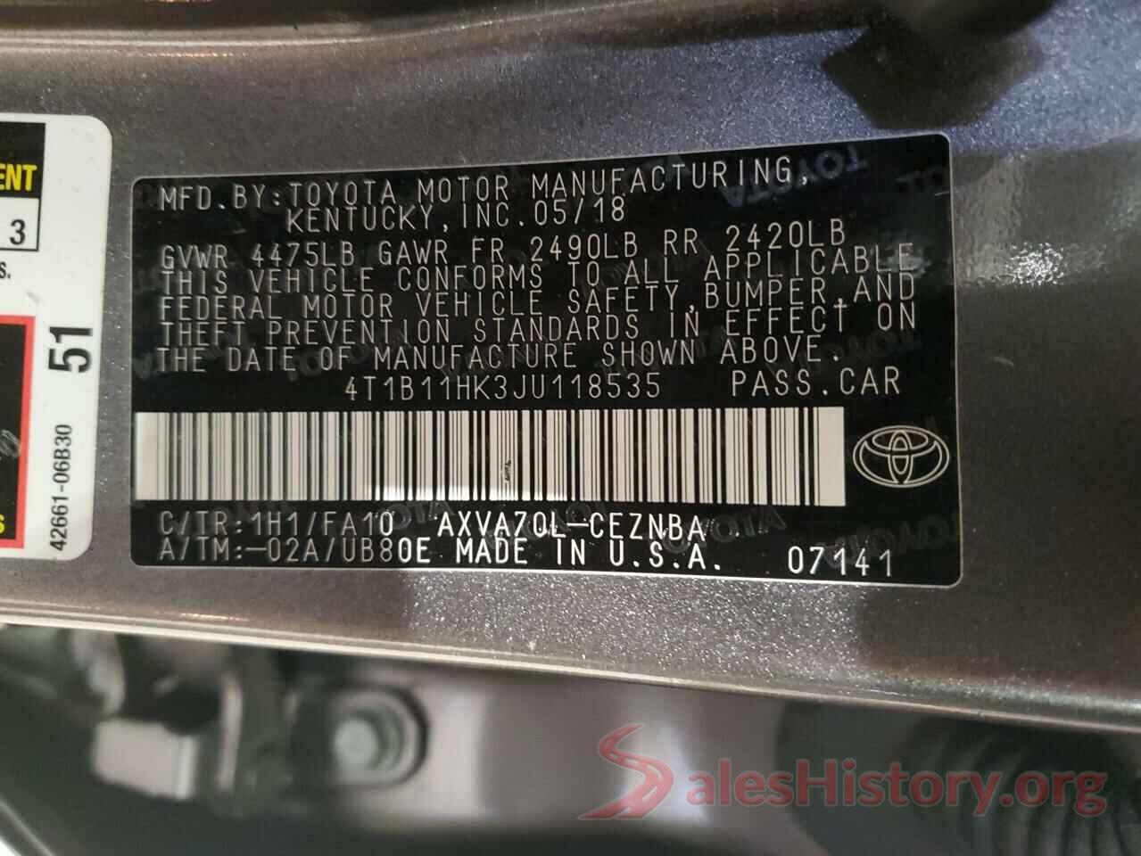 4T1B11HK3JU118535 2018 TOYOTA CAMRY