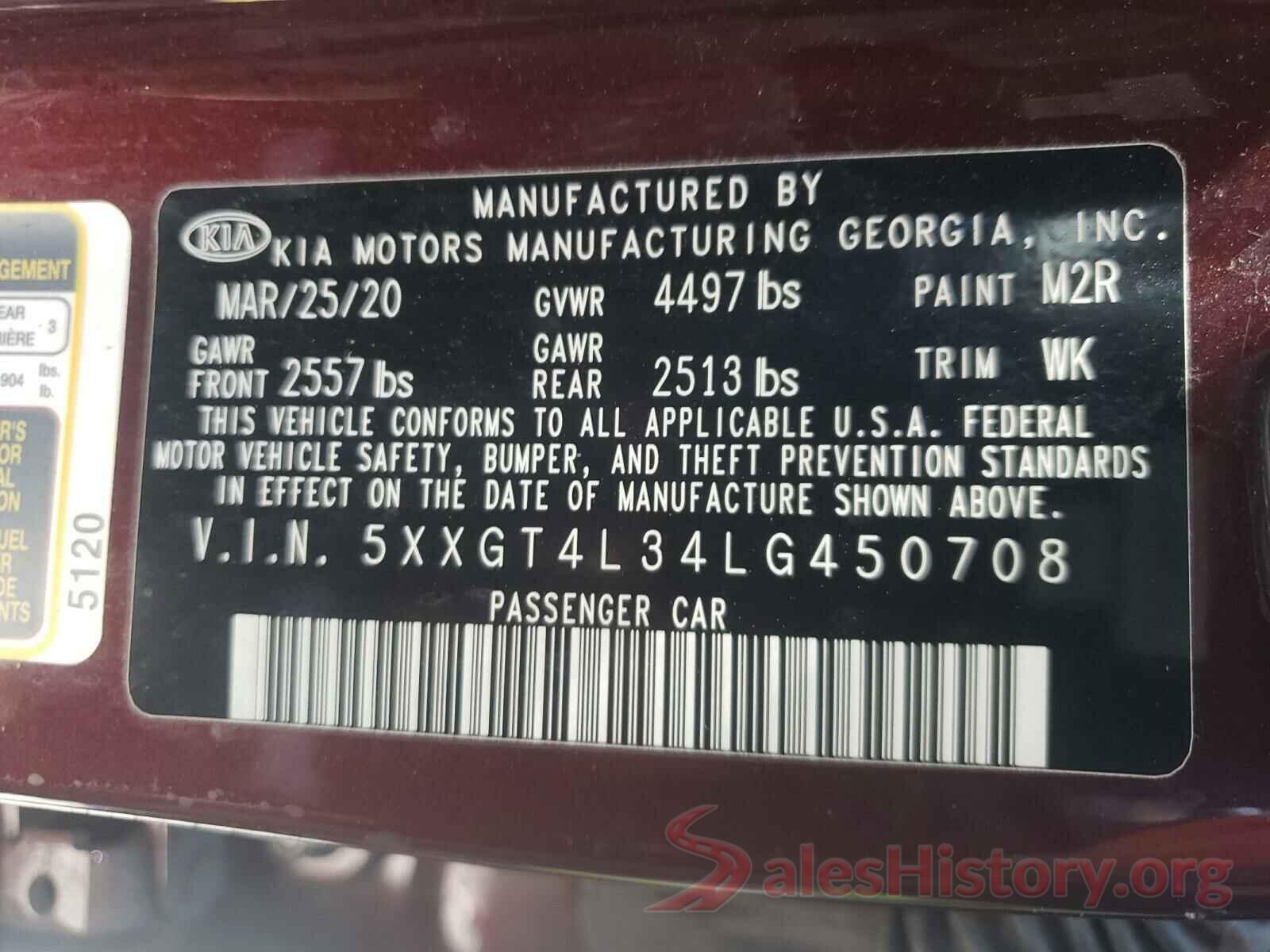 5XXGT4L34LG450708 2020 KIA OPTIMA