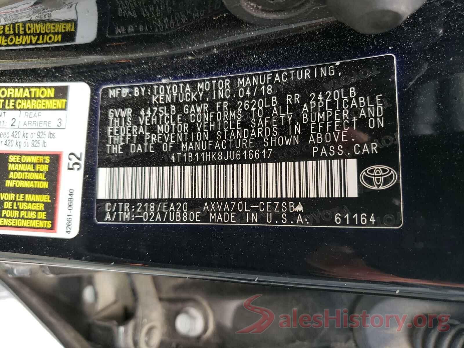 4T1B11HK8JU616617 2018 TOYOTA CAMRY