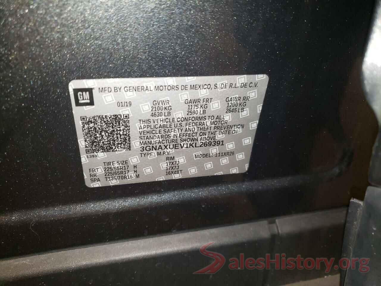 3GNAXUEV1KL269391 2019 CHEVROLET EQUINOX