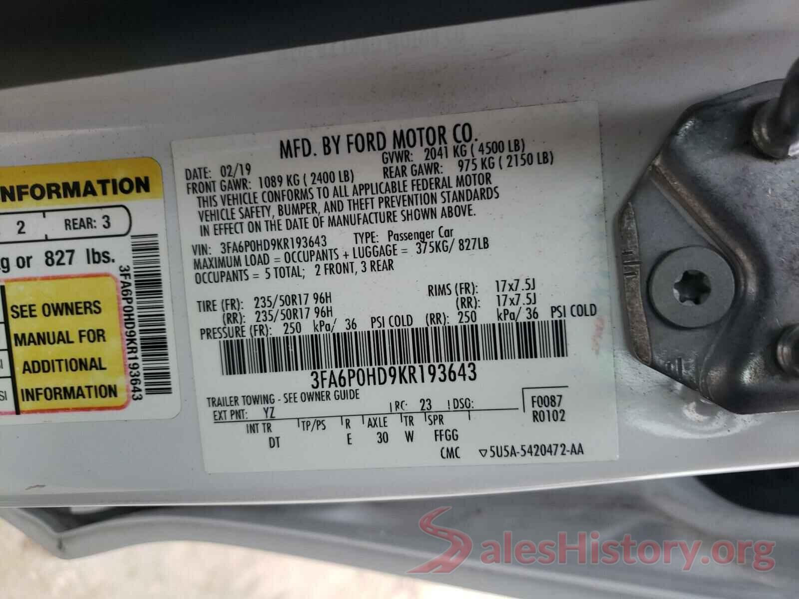 3FA6P0HD9KR193643 2019 FORD FUSION