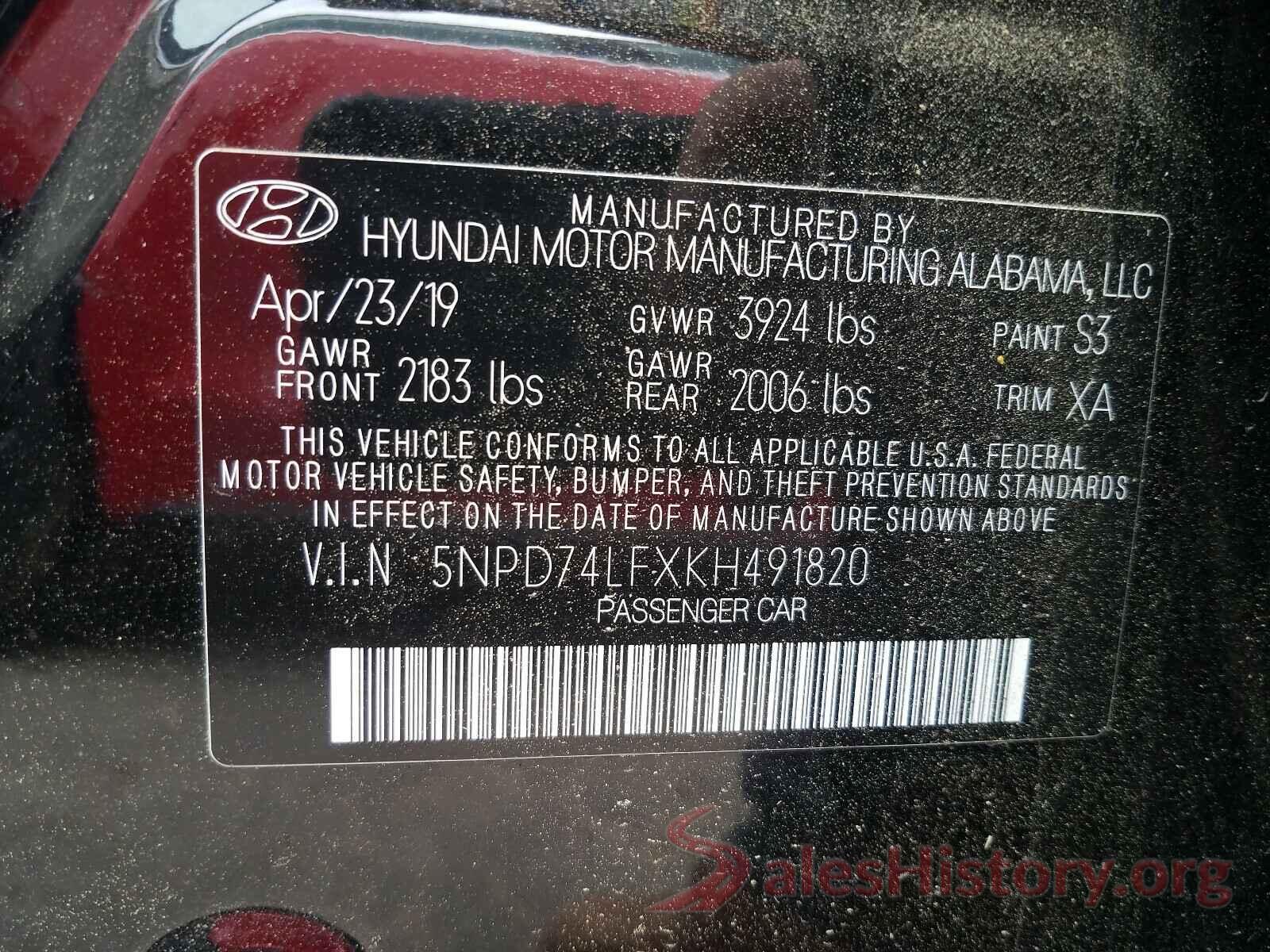 5NPD74LFXKH491820 2019 HYUNDAI ELANTRA