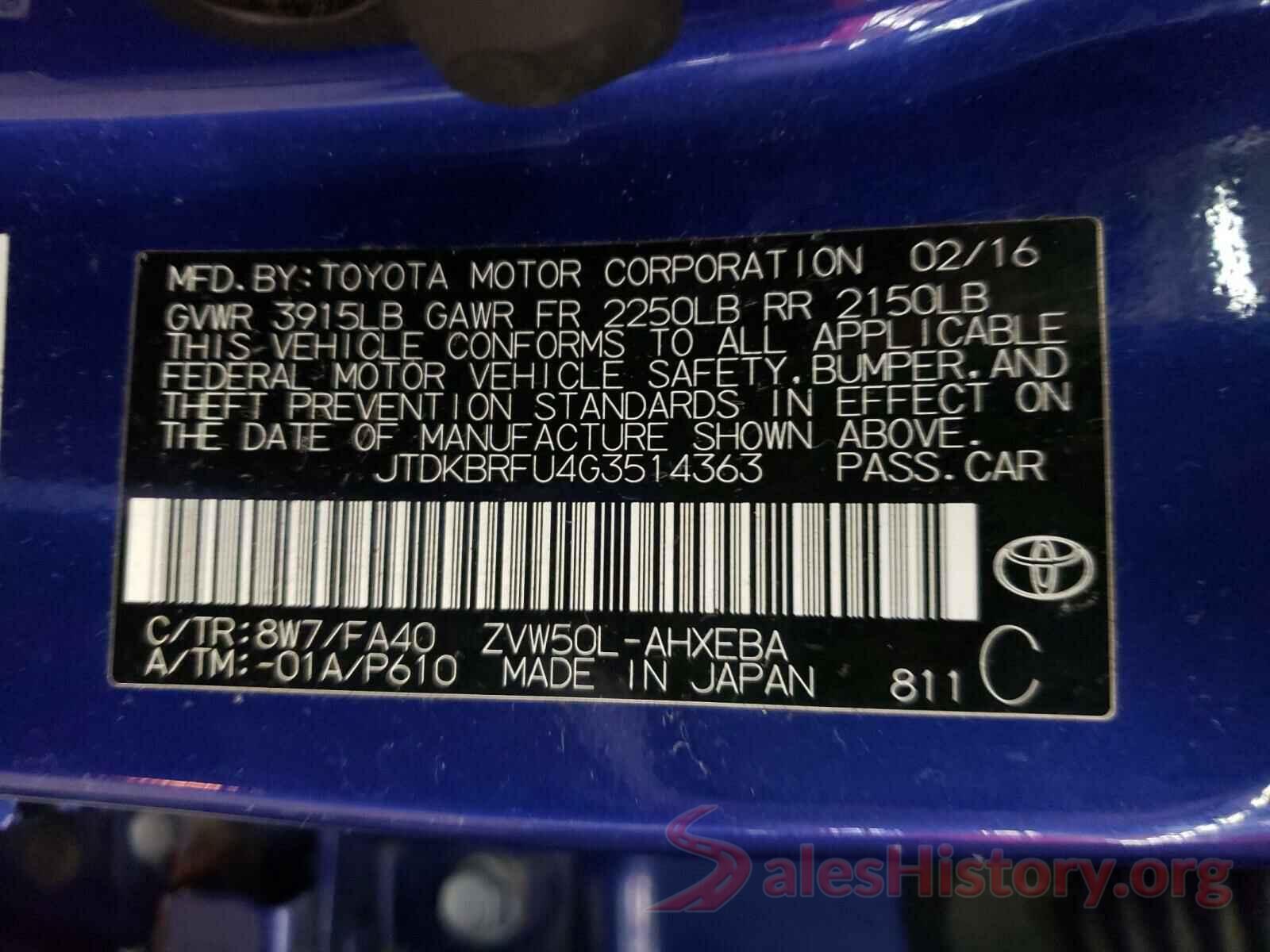 JTDKBRFU4G3514363 2016 TOYOTA PRIUS