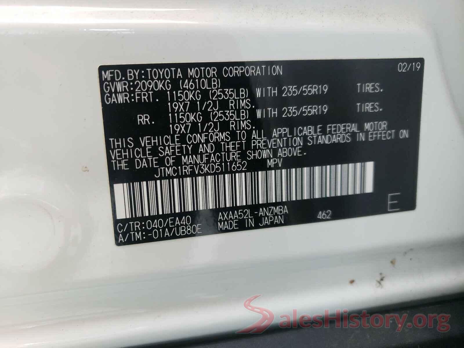 JTMC1RFV3KD511652 2019 TOYOTA RAV4