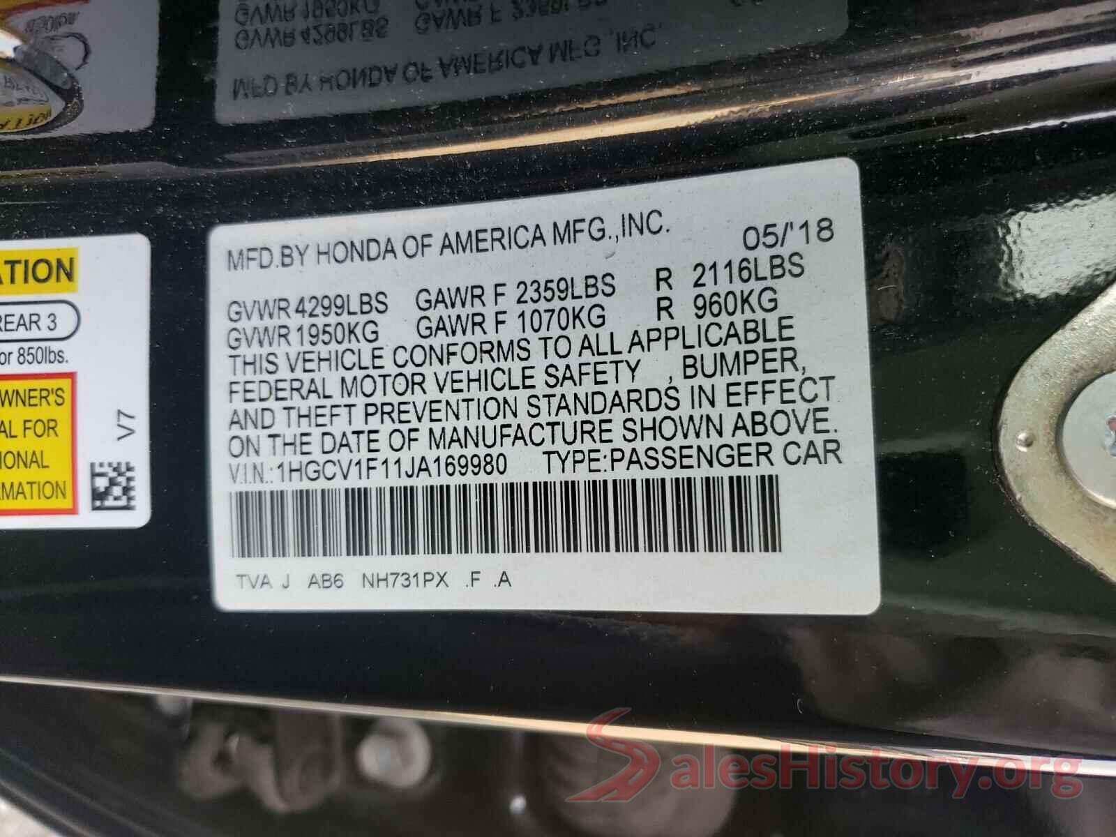 1HGCV1F11JA169980 2018 HONDA ACCORD