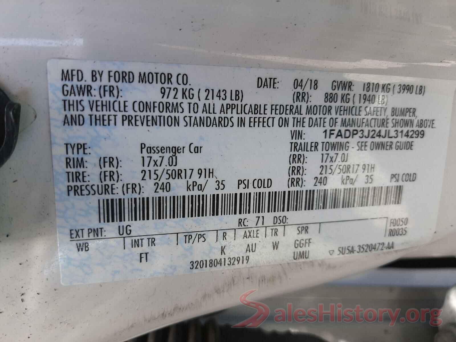 1FADP3J24JL314299 2018 FORD FOCUS