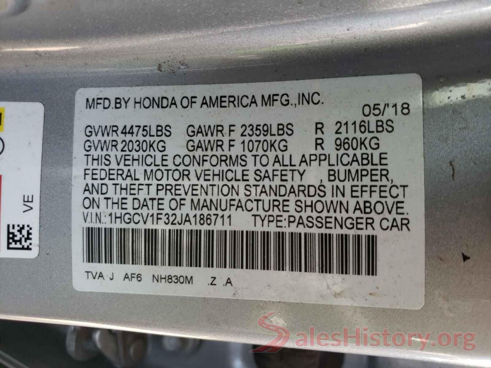 1HGCV1F32JA186711 2018 HONDA ACCORD