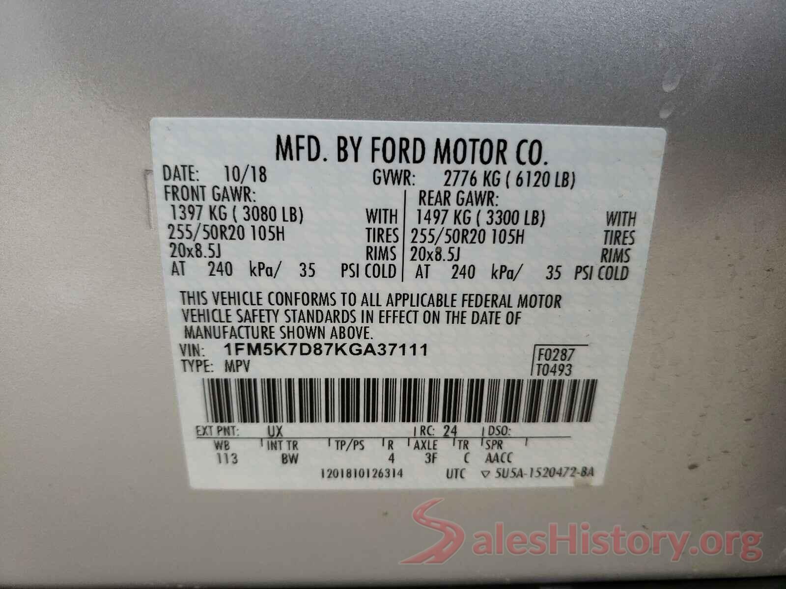 1FM5K7D87KGA37111 2019 FORD EXPLORER