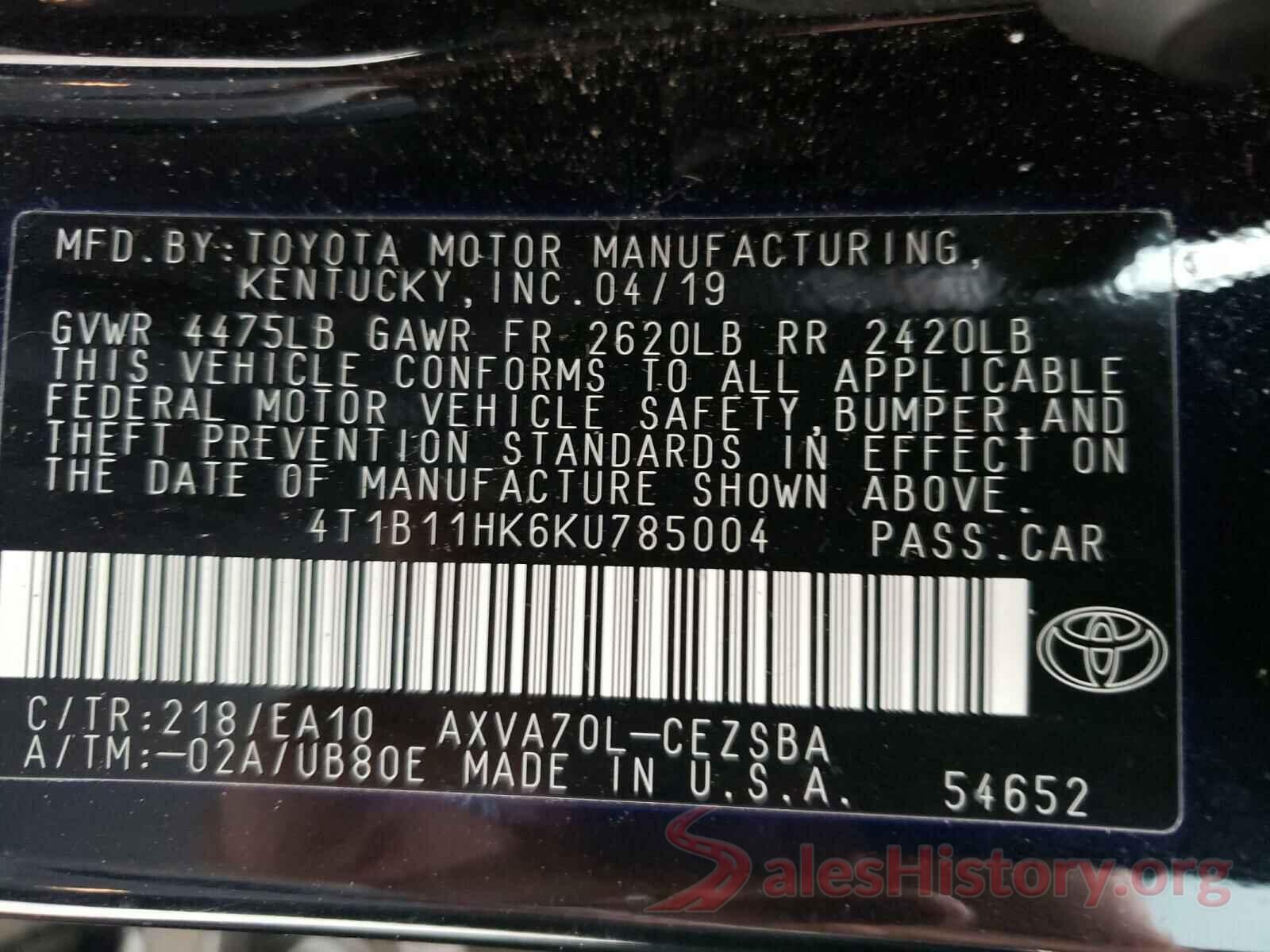 4T1B11HK6KU785004 2019 TOYOTA CAMRY