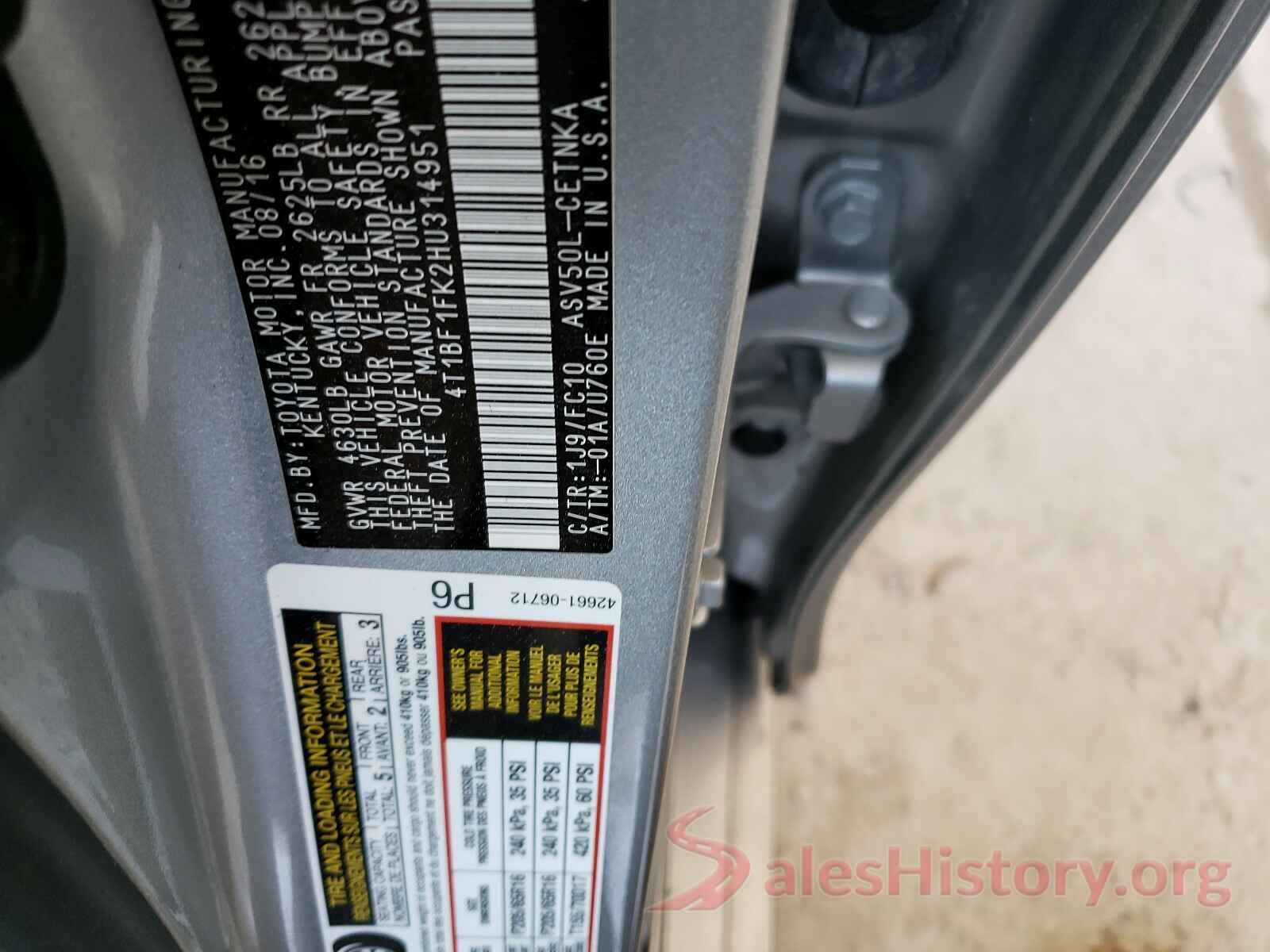 4T1BF1FK2HU314951 2017 TOYOTA CAMRY