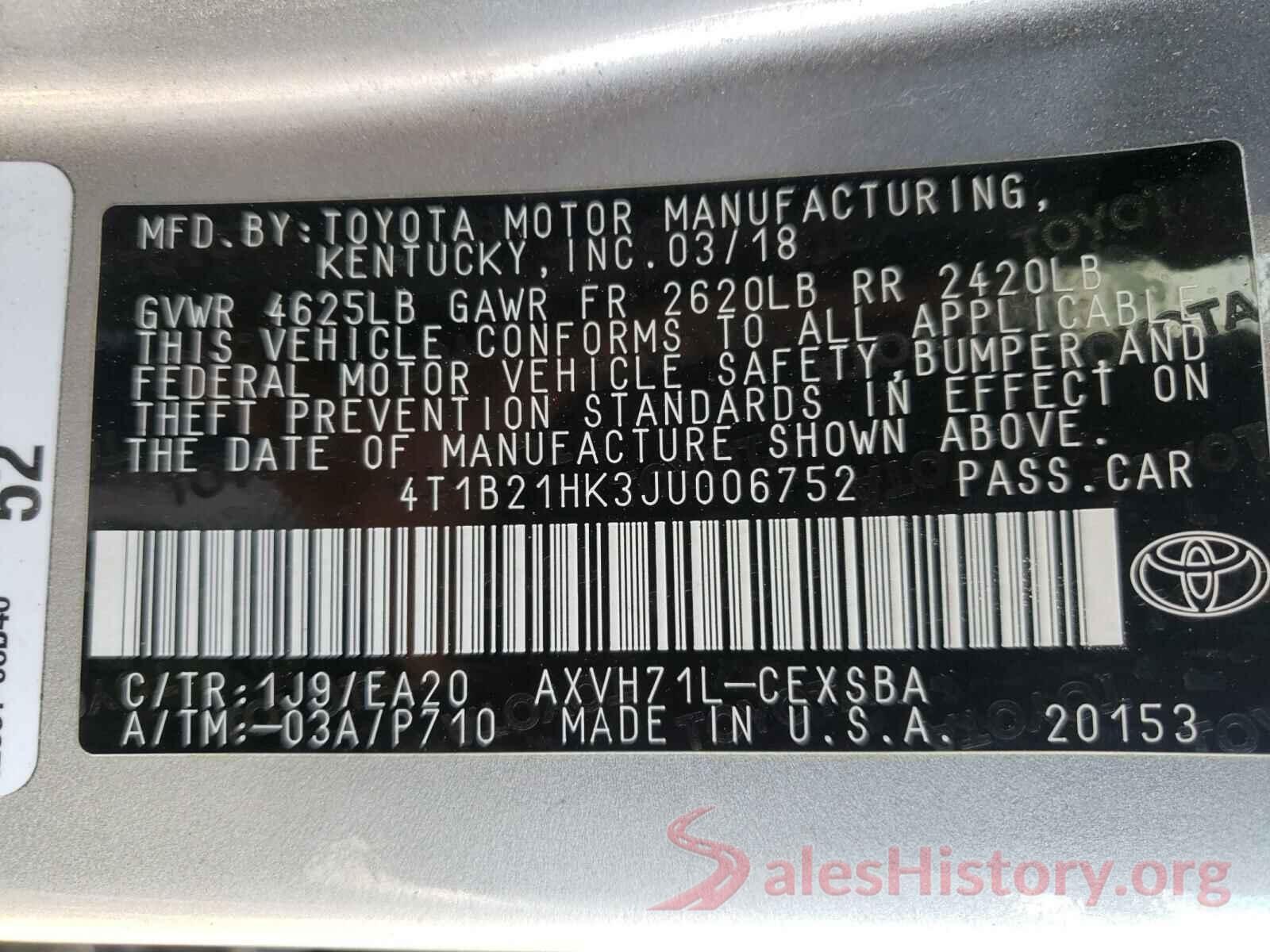 4T1B21HK3JU006752 2018 TOYOTA CAMRY