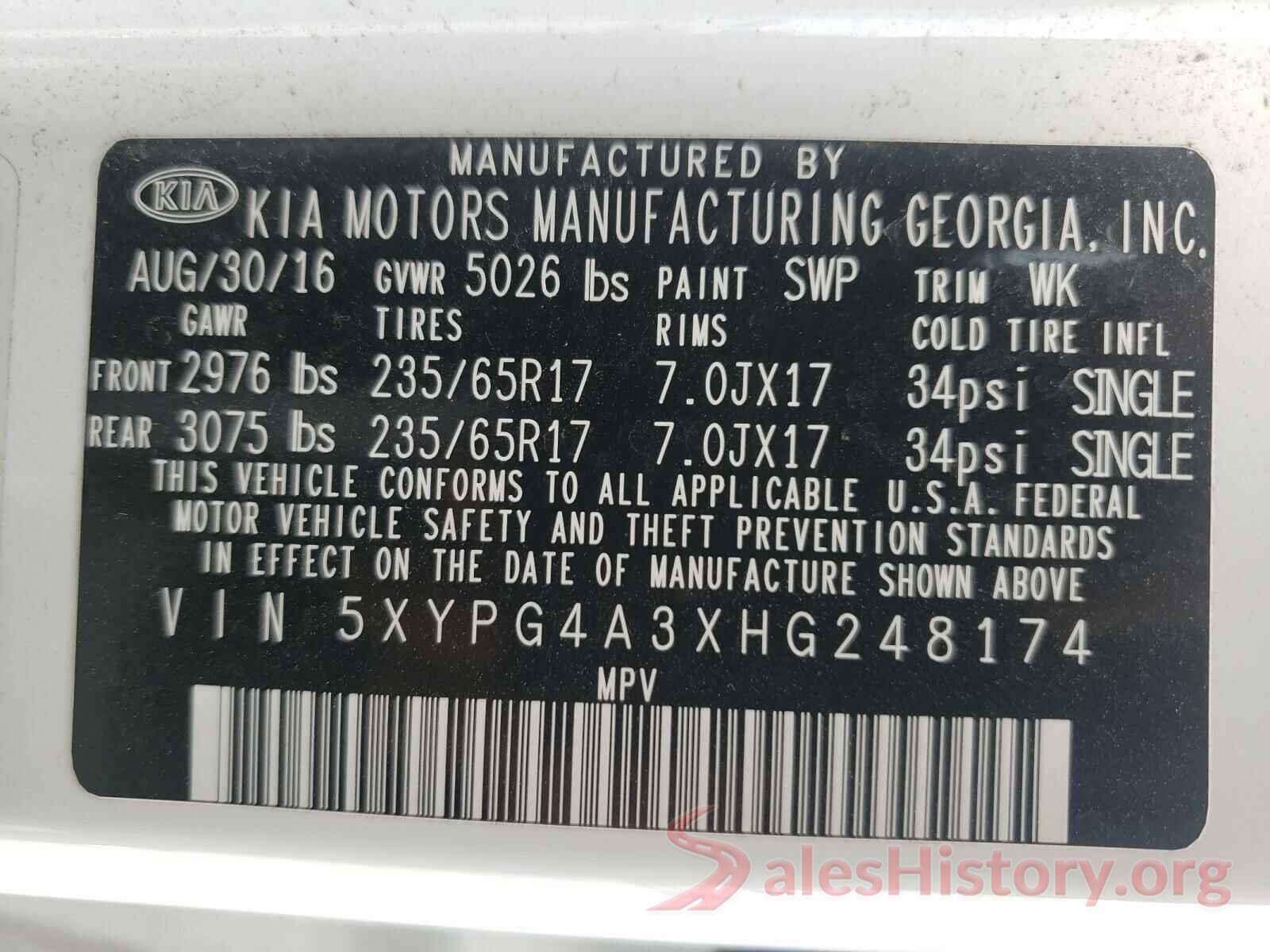 5XYPG4A3XHG248174 2017 KIA SORENTO