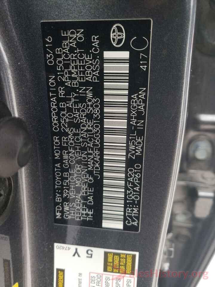 JTDKARFU6G3013803 2016 TOYOTA PRIUS