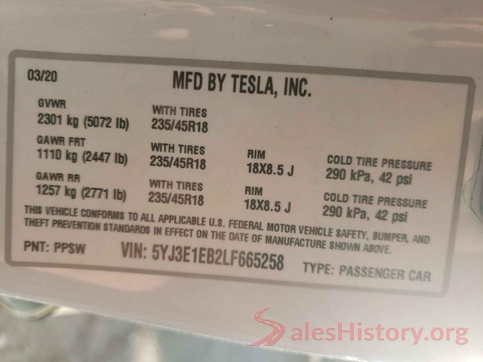 5YJ3E1EB2LF665258 2020 TESLA MODEL 3