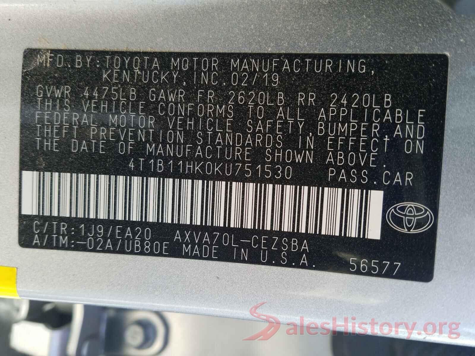 4T1B11HK0KU751530 2019 TOYOTA CAMRY