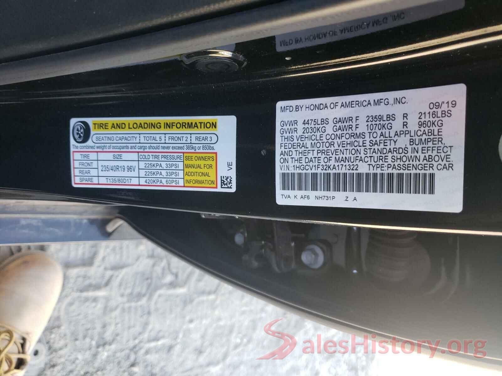 1HGCV1F32KA171322 2019 HONDA ACCORD