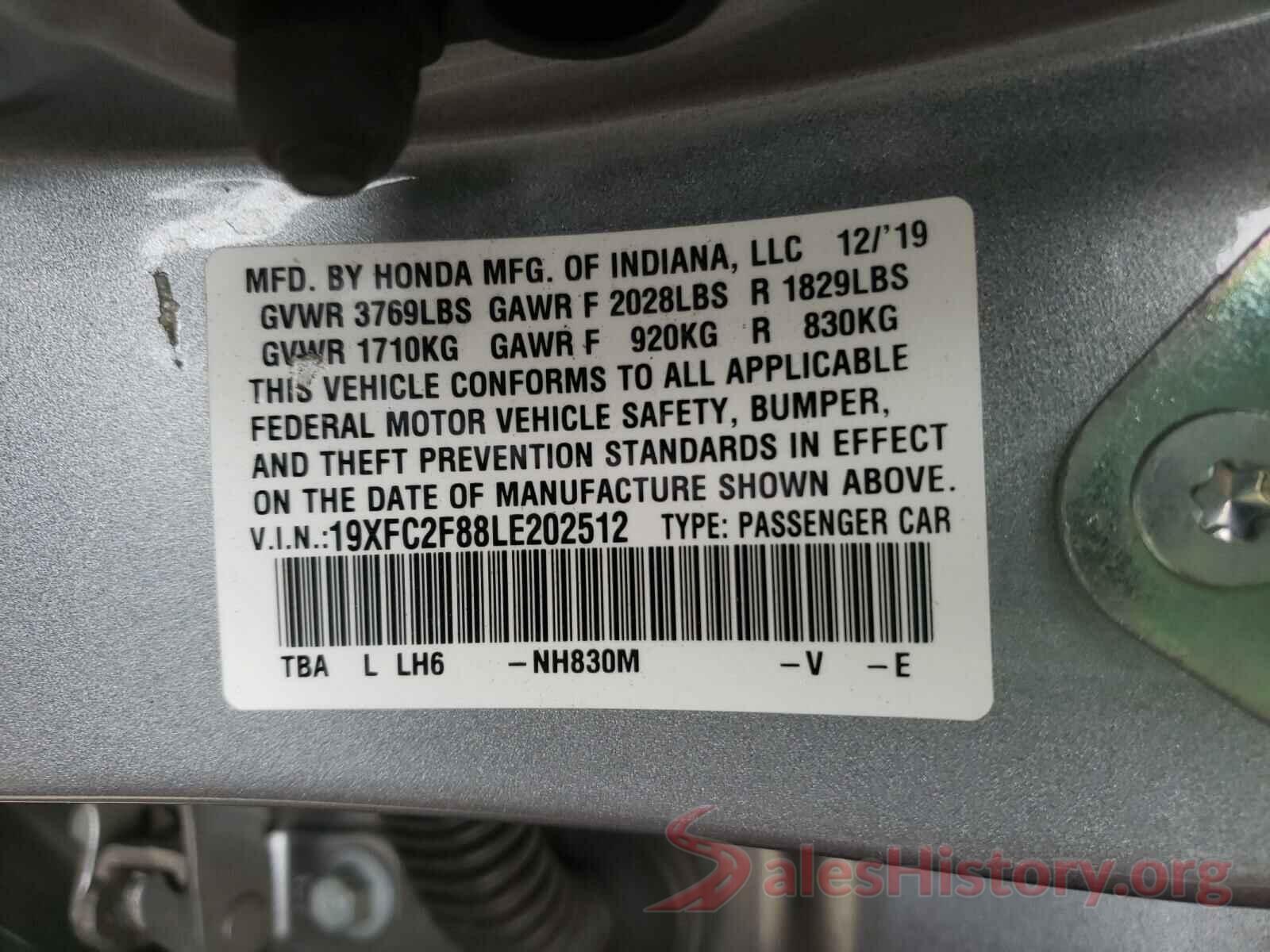 19XFC2F88LE202512 2020 HONDA CIVIC