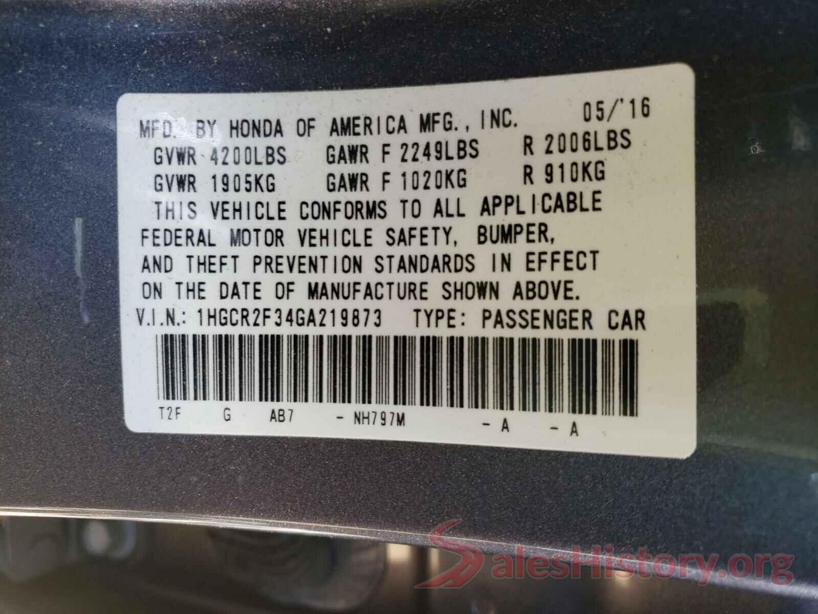 1HGCR2F34GA219873 2016 HONDA ACCORD