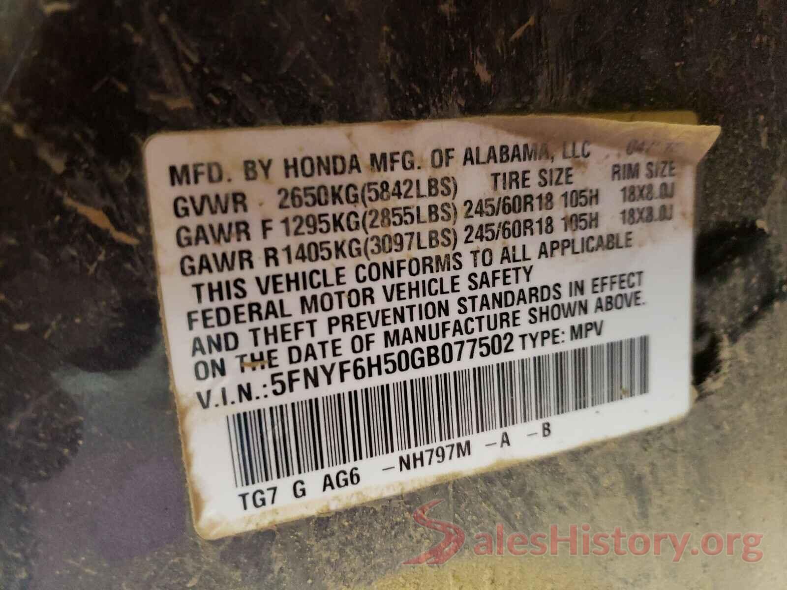 5FNYF6H50GB077502 2016 HONDA PILOT