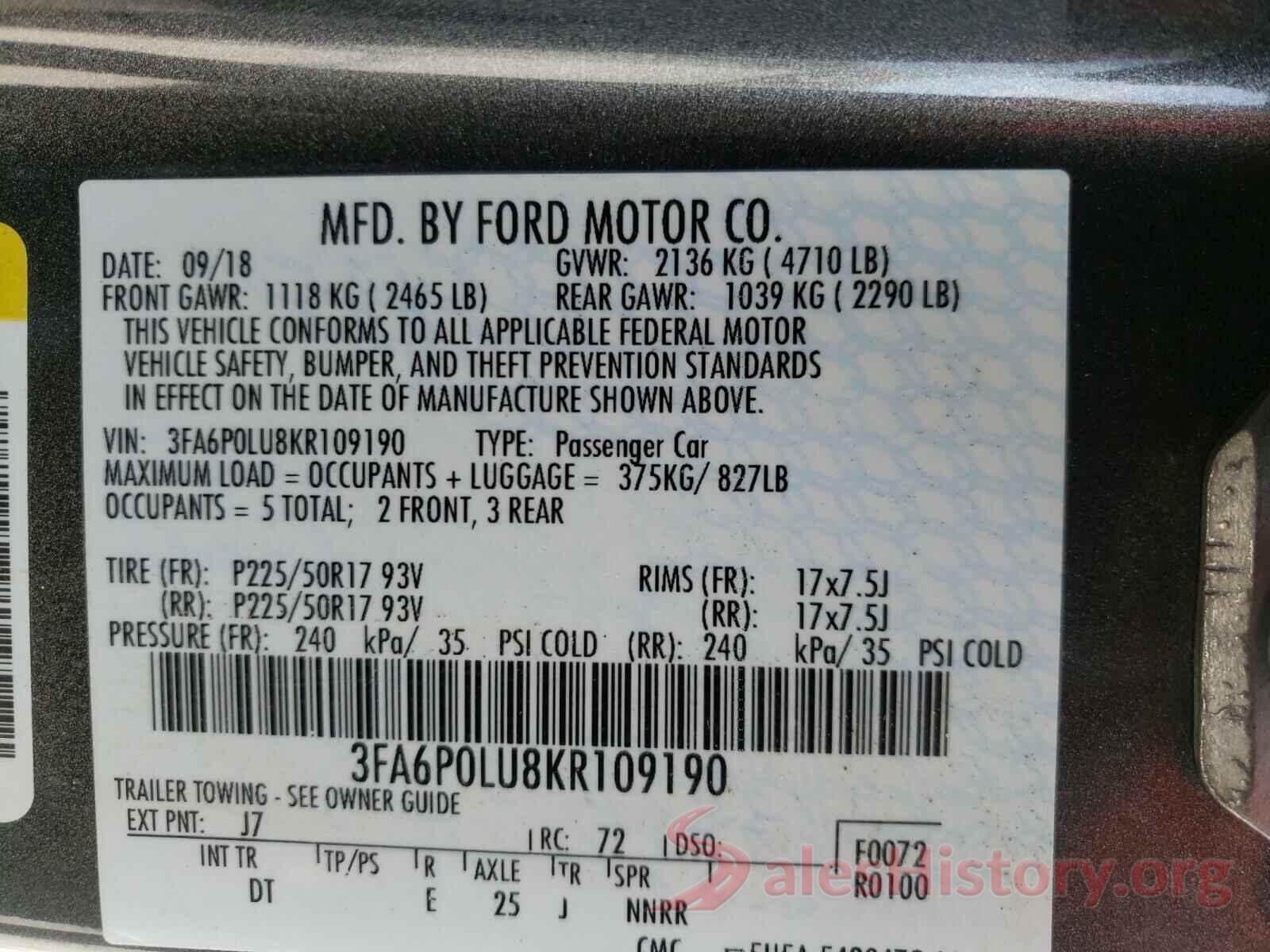 3FA6P0LU8KR109190 2019 FORD FUSION