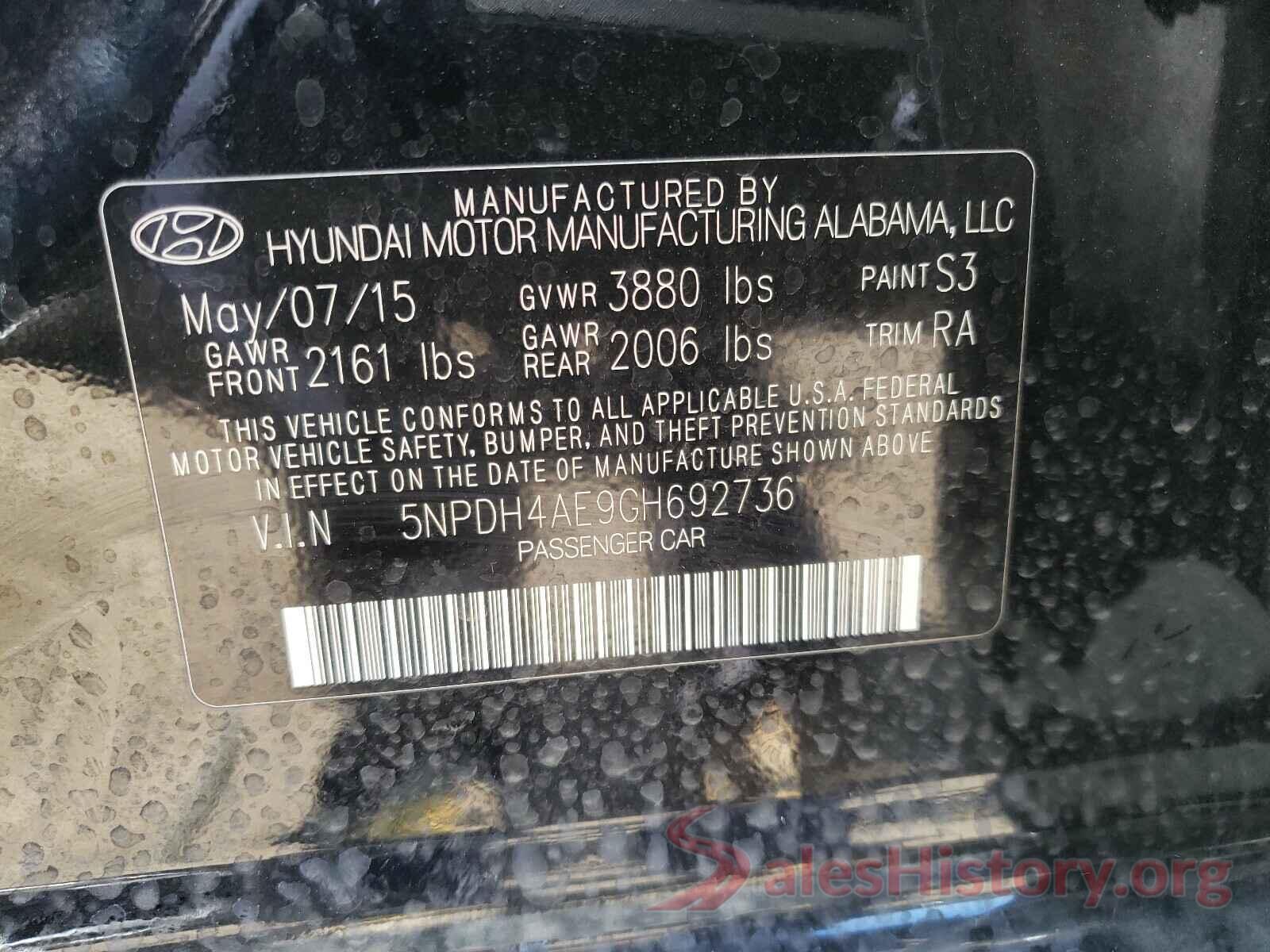 5NPDH4AE9GH692736 2016 HYUNDAI ELANTRA