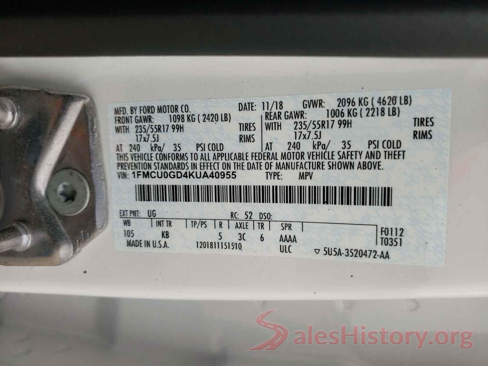 1FMCU0GD4KUA40955 2019 FORD ESCAPE