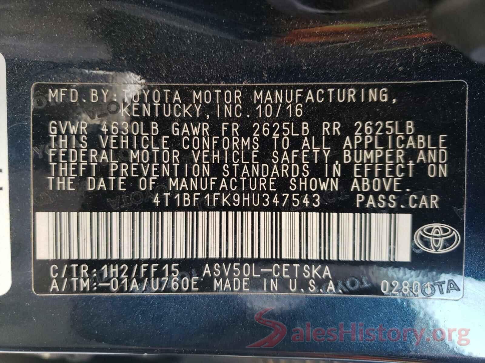 4T1BF1FK9HU347543 2017 TOYOTA CAMRY