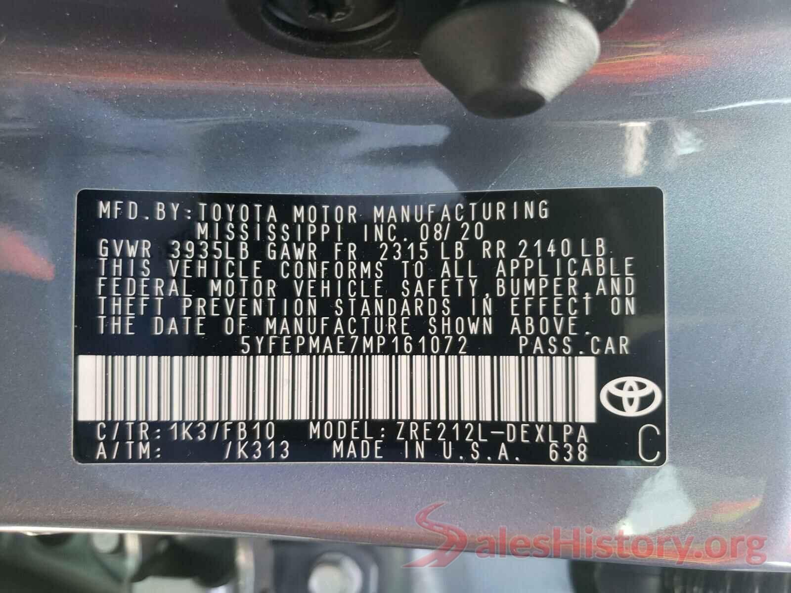 5YFEPMAE7MP161072 2021 TOYOTA COROLLA