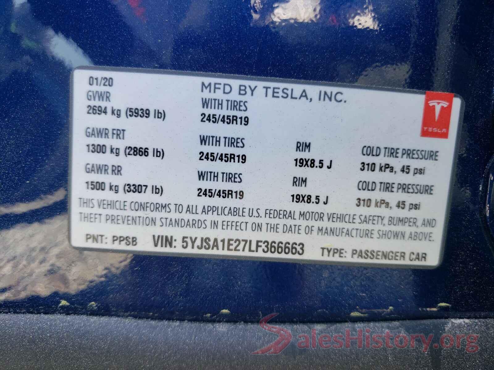 5YJSA1E27LF366663 2020 TESLA MODEL S