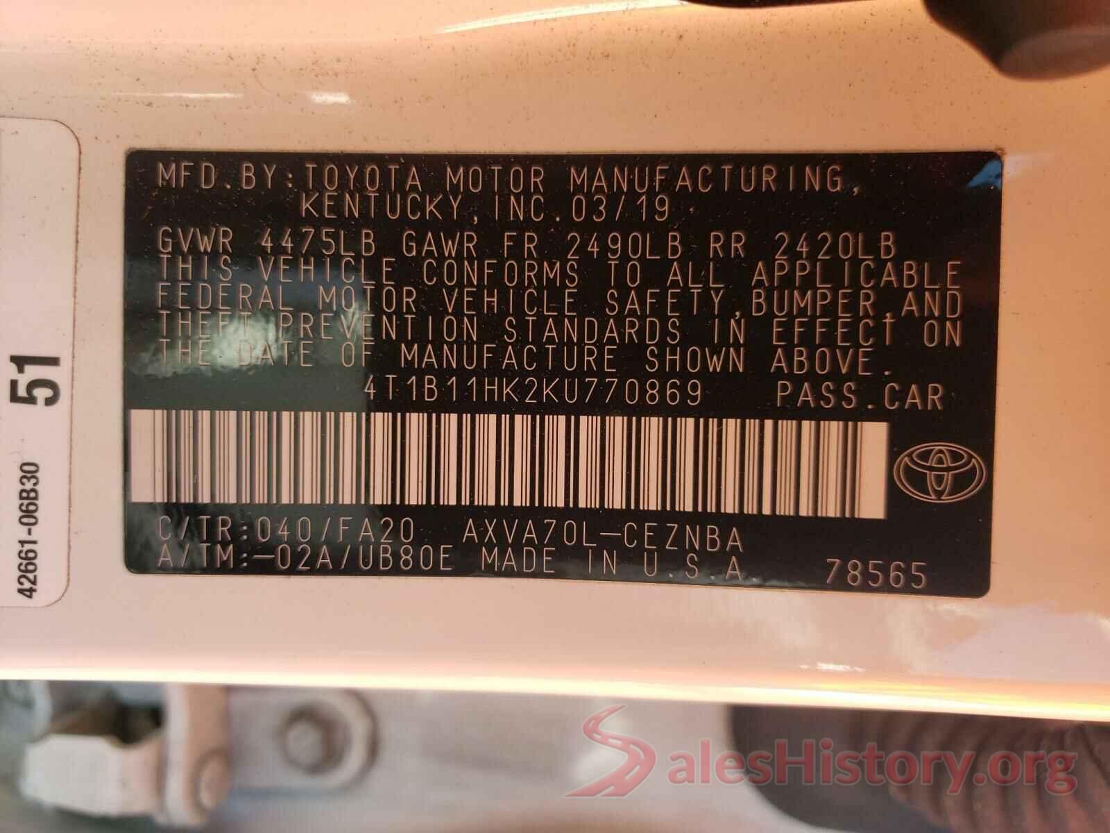 4T1B11HK2KU770869 2019 TOYOTA CAMRY