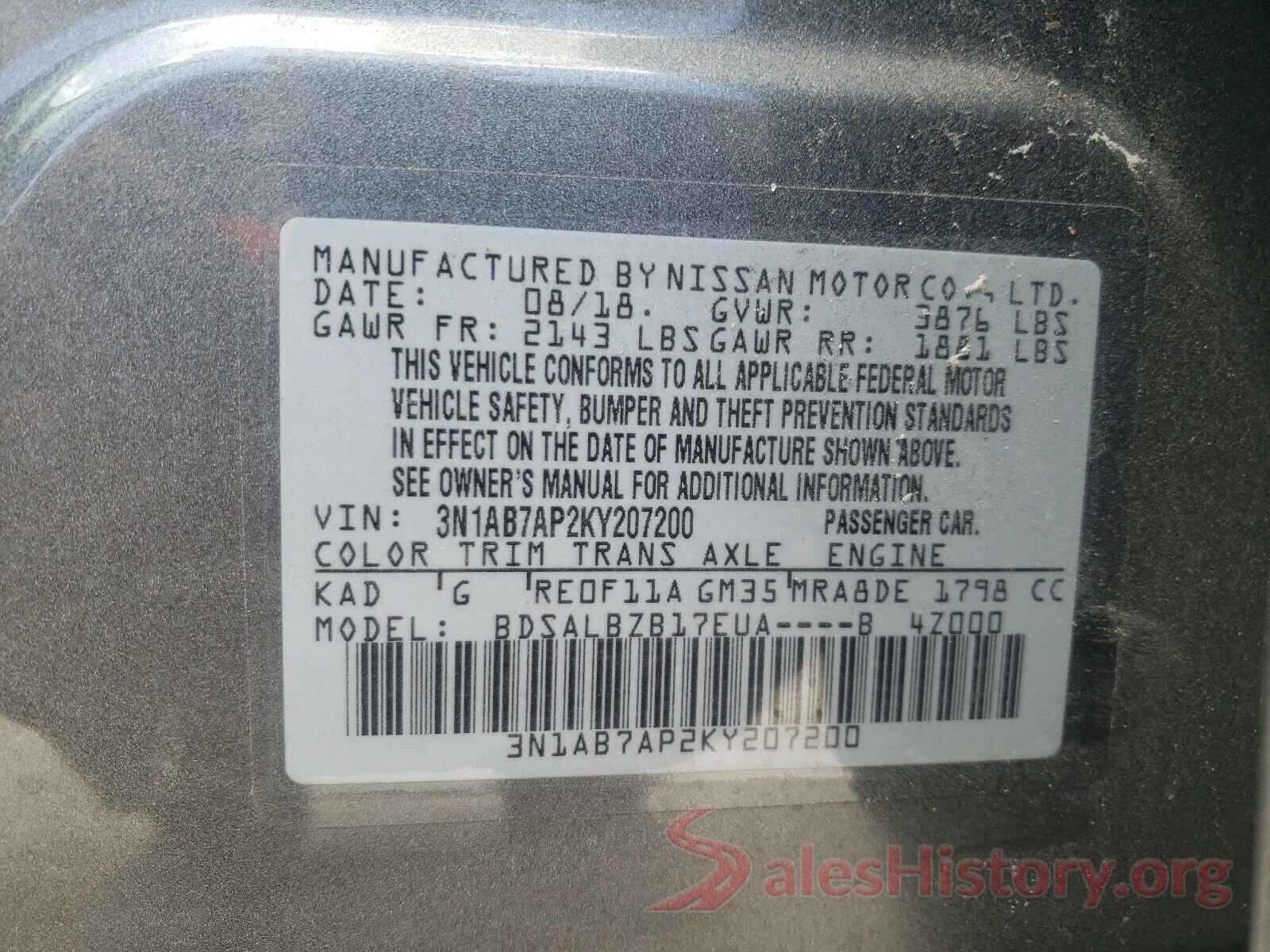 3N1AB7AP2KY207200 2019 NISSAN SENTRA