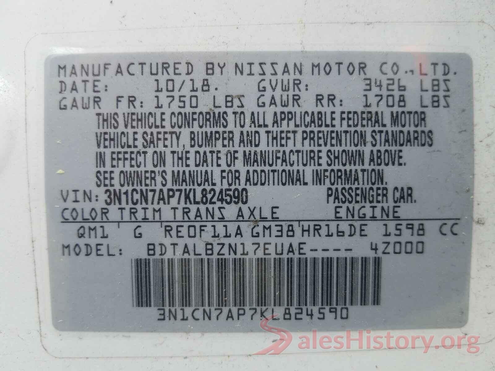 3N1CN7AP7KL824590 2019 NISSAN VERSA