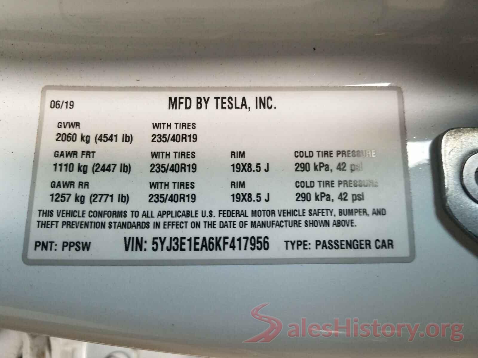 5YJ3E1EA6KF417956 2019 TESLA MODEL 3