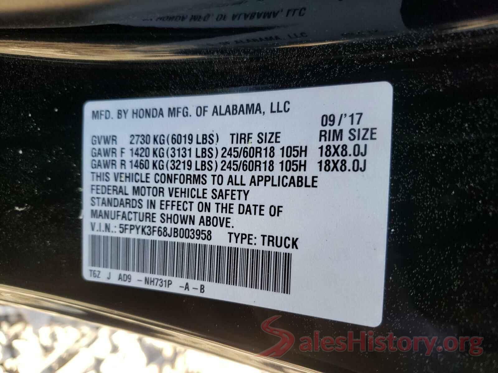 5FPYK3F68JB003958 2018 HONDA RIDGELINE