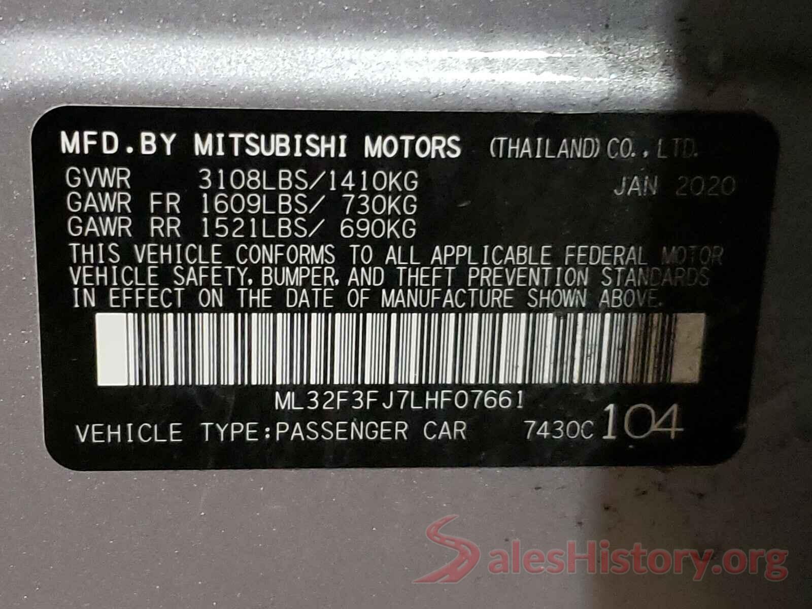 ML32F3FJ7LHF07661 2020 MITSUBISHI MIRAGE