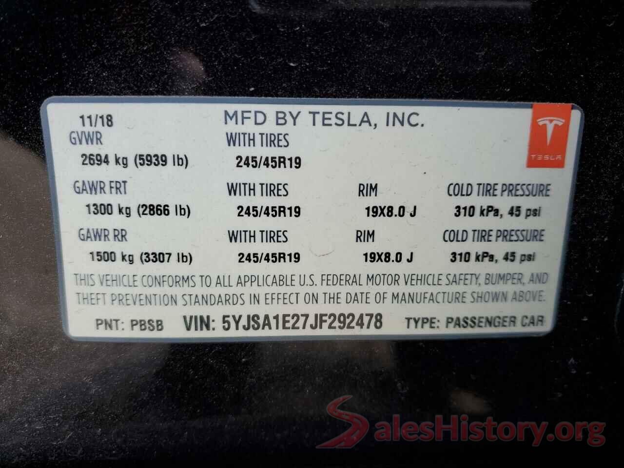 5YJSA1E27JF292478 2018 TESLA MODEL S