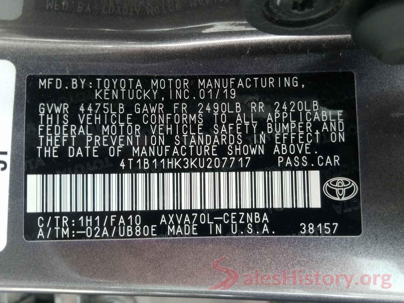 4T1B11HK3KU207717 2019 TOYOTA CAMRY