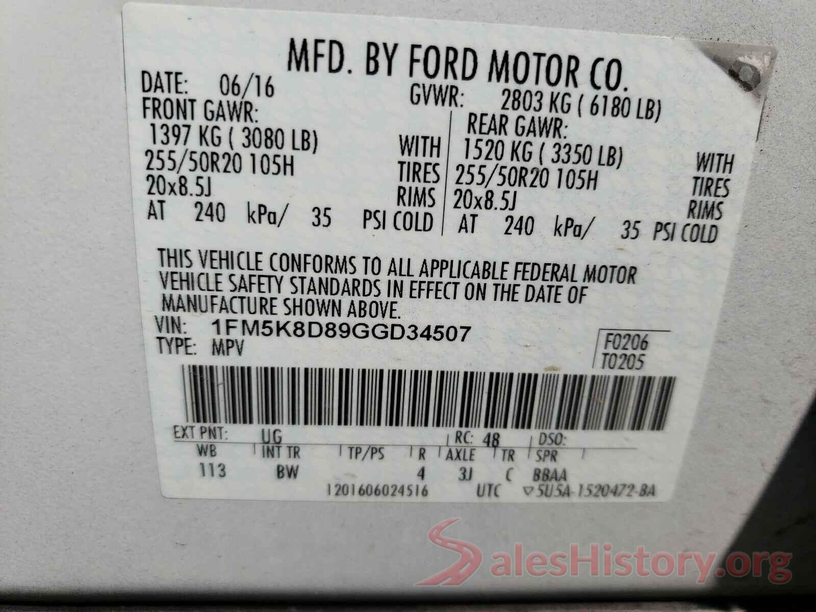 1FM5K8D89GGD34507 2016 FORD EXPLORER