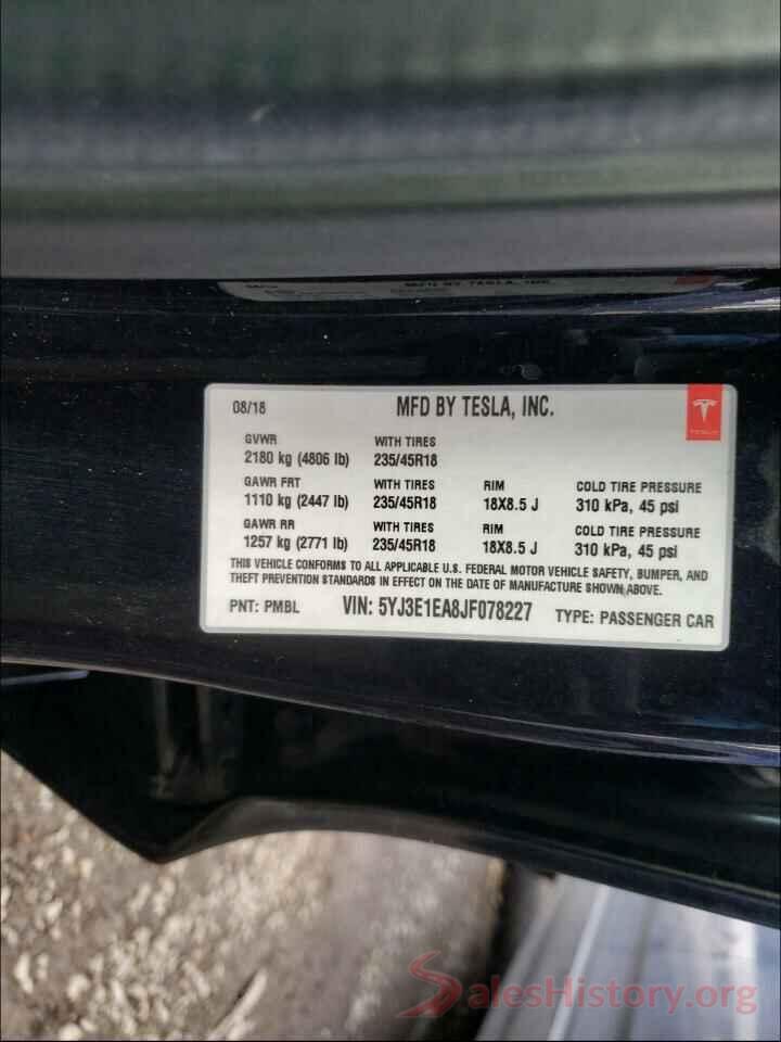 5YJ3E1EA8JF078227 2018 TESLA MODEL 3