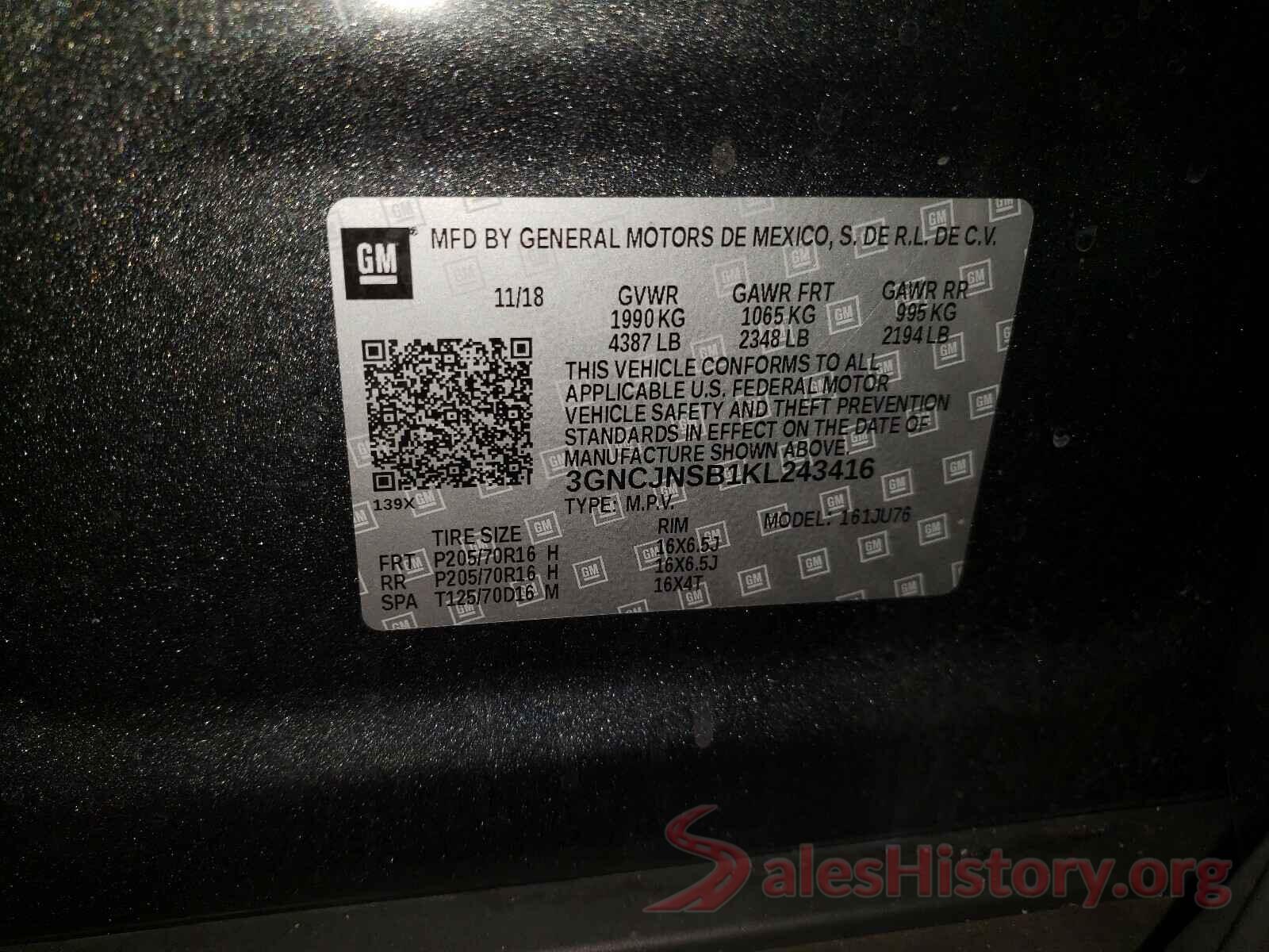 3GNCJNSB1KL243416 2019 CHEVROLET TRAX