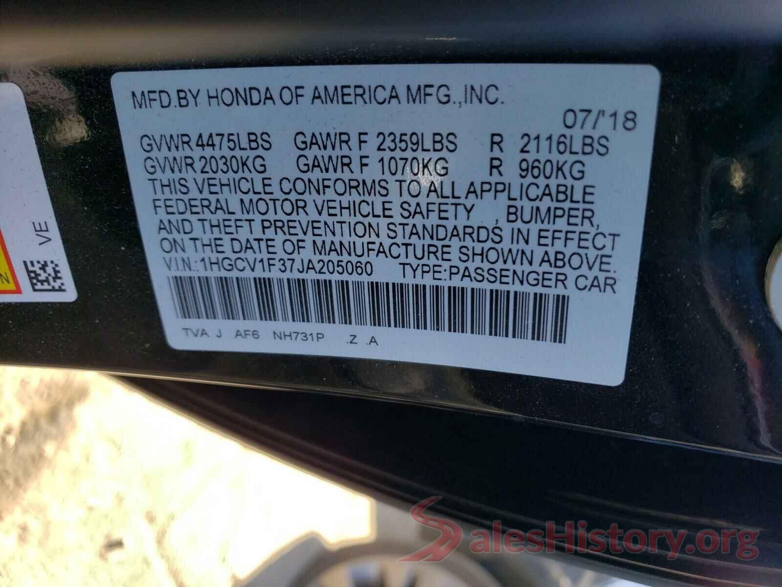 1HGCV1F37JA205060 2018 HONDA ACCORD