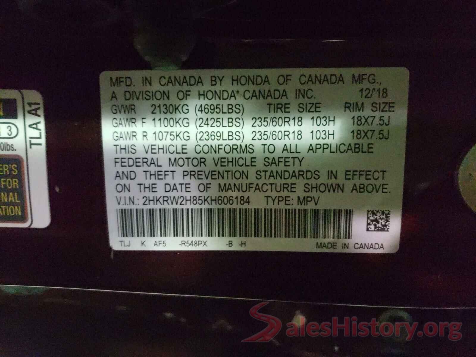 2HKRW2H85KH606184 2019 HONDA CRV