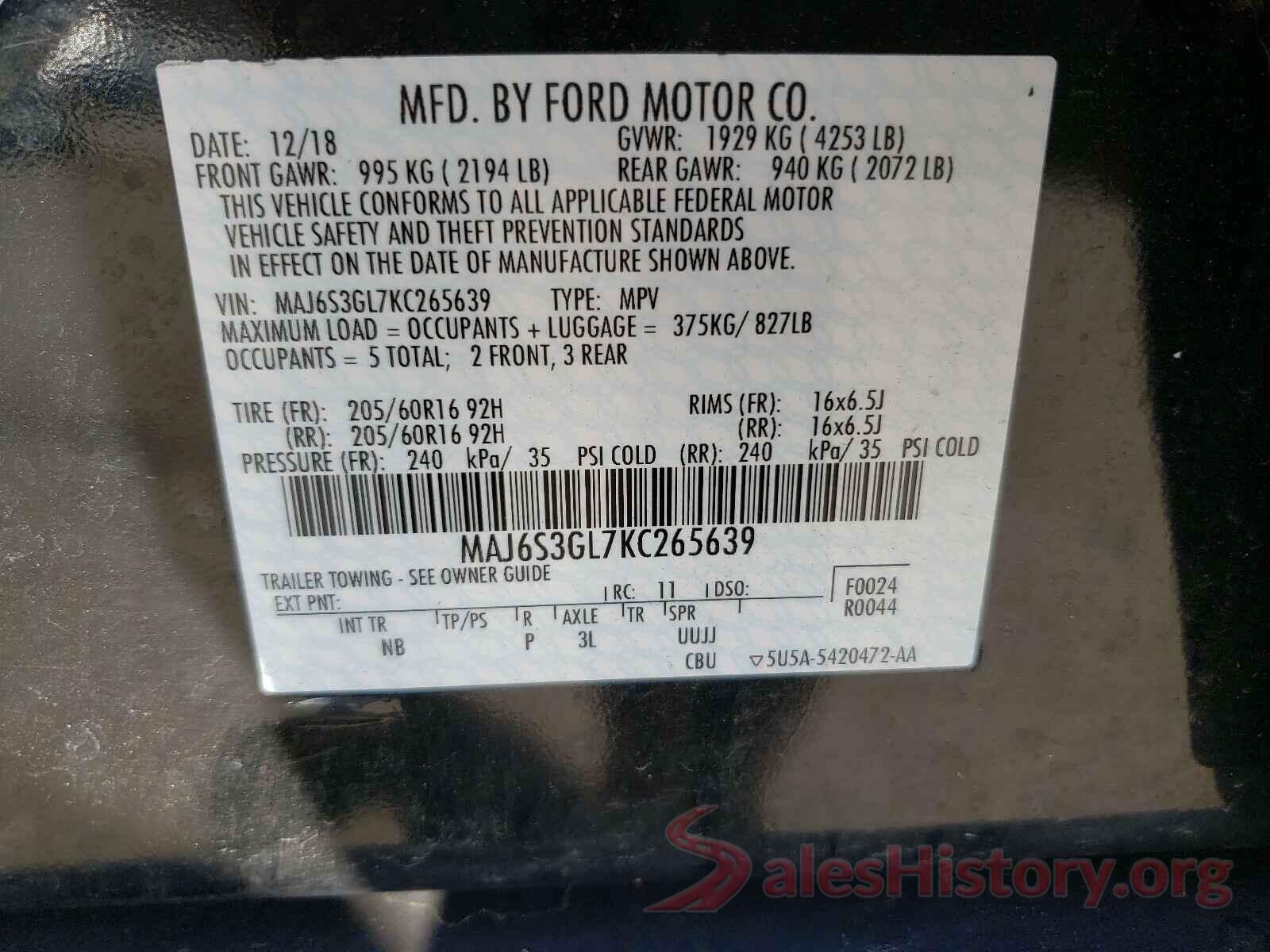 MAJ6S3GL7KC265639 2019 FORD ALL OTHER