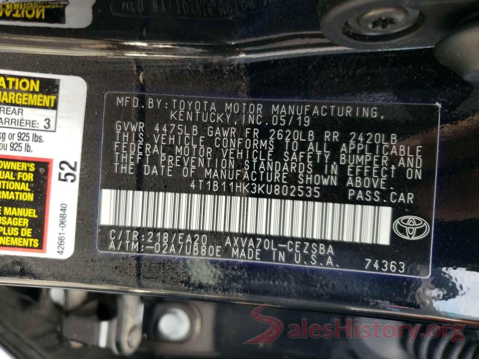 4T1B11HK3KU802535 2019 TOYOTA CAMRY