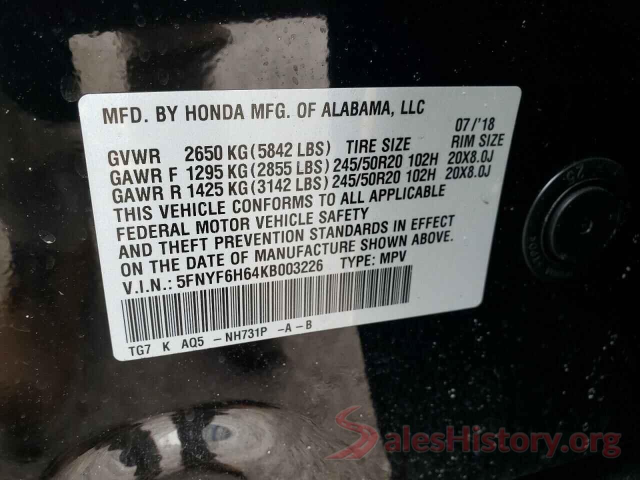 5FNYF6H64KB003226 2019 HONDA PILOT