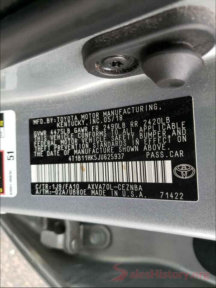 4T1B11HK5JU625937 2018 TOYOTA CAMRY